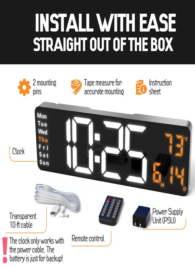 Opis Technology Opis Clock 1 (XXL 16'' White & Orange): The Colorful Retro Rectangular Digital Wall Clock, Digital Clock with Date and Day of Week, Wall Clock with Temperature, Timer and Counter - Image 4
